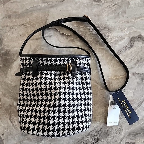 Polo Ralph Lauren Black White Houndstooth Mini Bellport Bucket Bag NWT 498$ - Picture 2 of 6